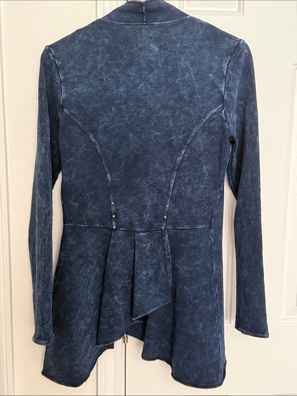 Testimony Los Angeles Tailored Open Jacket. Washed Navy Draped Peplum Hem. Small